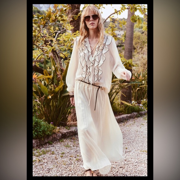 Zara Tops - Silky Ruffle V-Neck Long Sleeve Maxi Top - Cream
